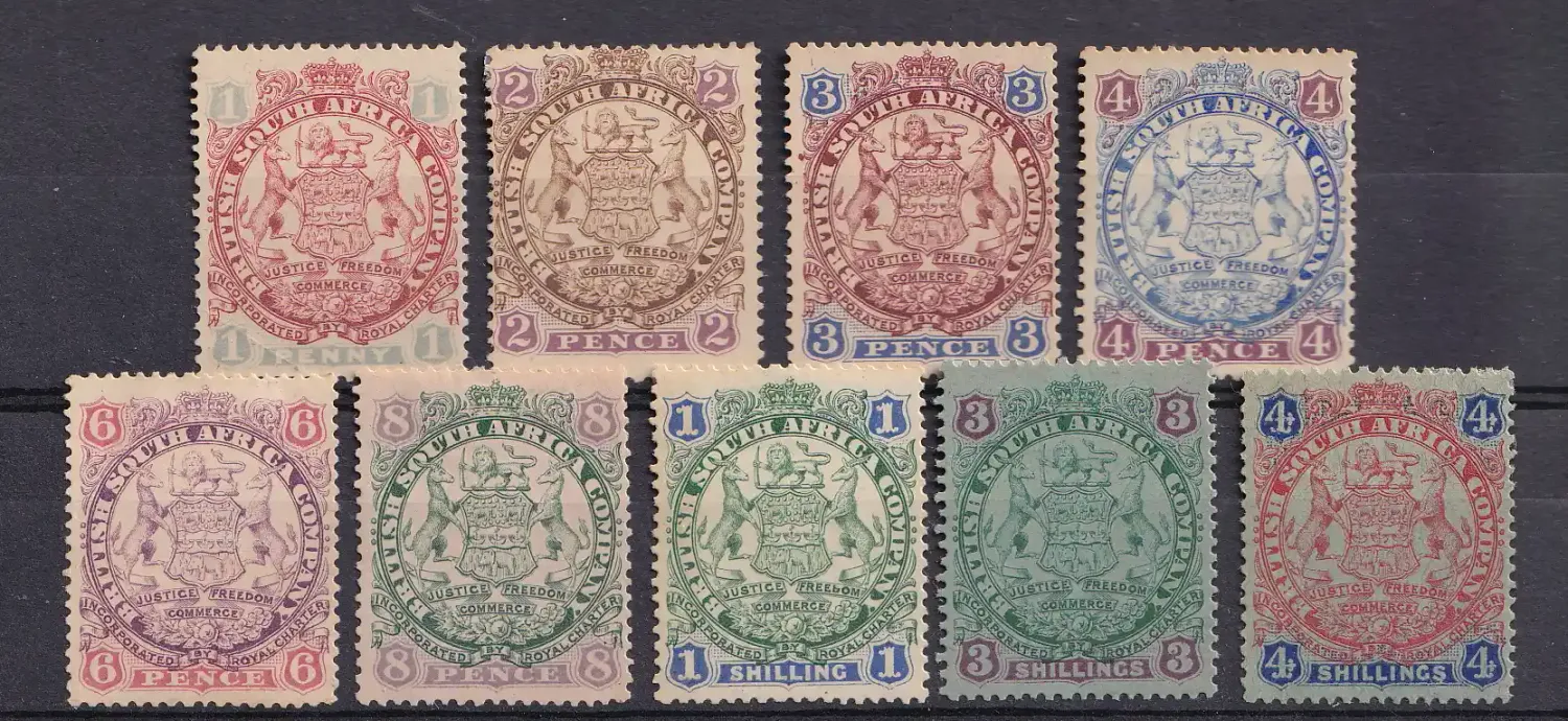 Rhodesia B.S.A 1896 Coat of Arms - End of Scroll goes behind the rear legs of Supporting Animals, Lion, Lightly Shaded. MM