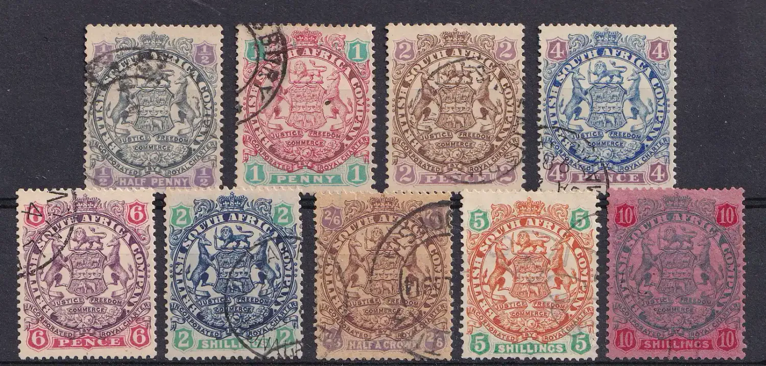 1896 Rhodesia B.S.A Coat of Arms - End of Scroll goes behind Rear Legs of Supporting Animals, Lion Heavily Shaded, VFU