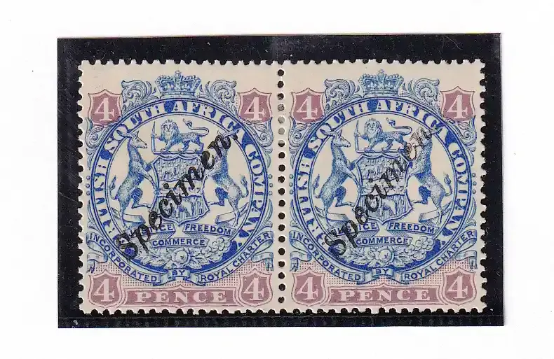1896 Rhodesia B.S.A Coat of Arms. 4p pair - Specimen, MM