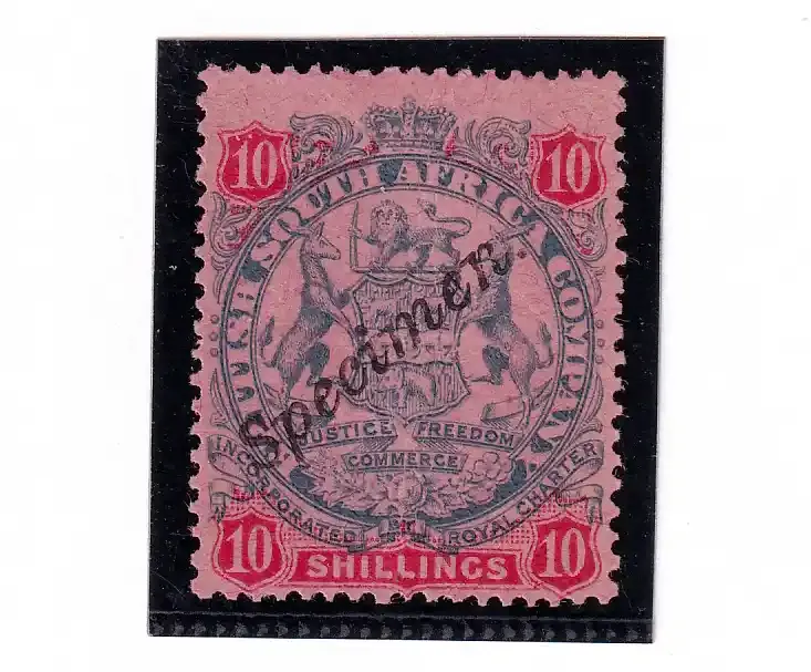 1896 Rhodesia B.S.A Coat of Arms. 10p - Specimen, MM