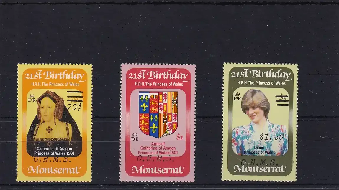 Montserrat 1983 The 21st Anniversary of the Birth of H.R.H. The Princess of Wales - Postage Stamps of 1982 Overprinted "O.H.M.S." &amp; Surcharged. UMM
