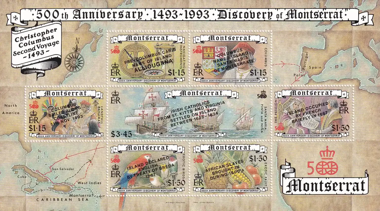 Montserrat 1993. The 500th Anniversary of the Discovery of Montserrat - Discovery of America. Stamps of 1992 with Different Overprints Sheet. Ships/Birds/Flora. UMM