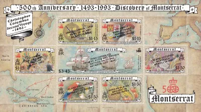 Montserrat 1993. The 500th Anniversary of the Discovery of Montserrat - Discovery of America. Stamps of 1992 with Different Overprints Sheet. Ships/Birds/Flora. UMM