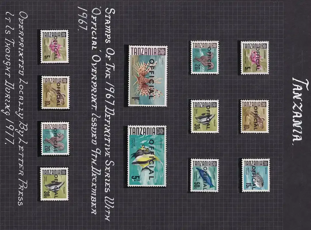 Tanzania 1967 Marine Life - Overprinted "OFFICIAL" &amp; 1977, five values Overprinted locally by Letter Press. UMM