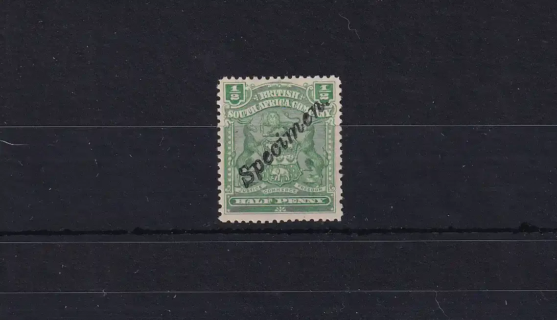 1896 Rhodesia B.S.A, Coat of Arms 1/2P SPECIMEN stamps, MM