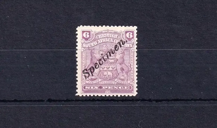 1896 Rhodesia B.S.A, Coat of Arms 6p SPECIMEN stamps, MM