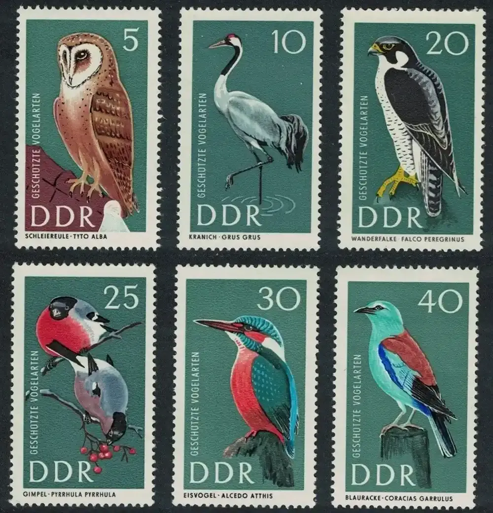 East Germany (DDR) 1967 Birds Falcon Owl Raptors Bullfinch Kingfisher Roller Crane. MNH