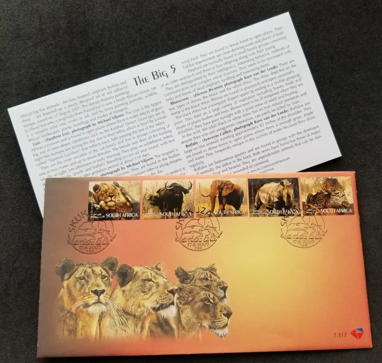 South Africa 2007 Big 5 Mammals. Wildlife, Lion, Big Cat, Rhino, Elephant FDC