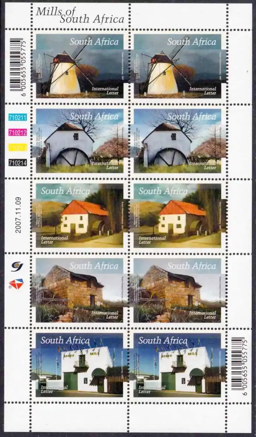 South Africa 2007 Mills of South Africa. Sheet of 10 stamps. MNH