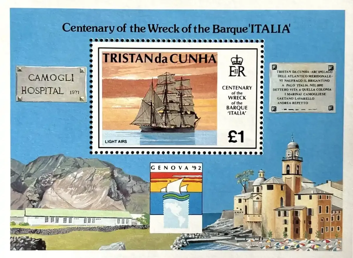 Tristan da Cunha 1992 International Stamp Exhibition "GENOVA '92". The 100th Anniversary of the Wreck of Barque "Italia." M/Sheet. MNH