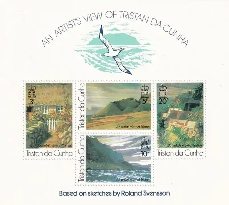 Tristan da Cunha 1976 "An Artist's View" souvenir stamp sheetlet issued in 1976, featuring artwork based on sketches by Roland Svensson. MNH