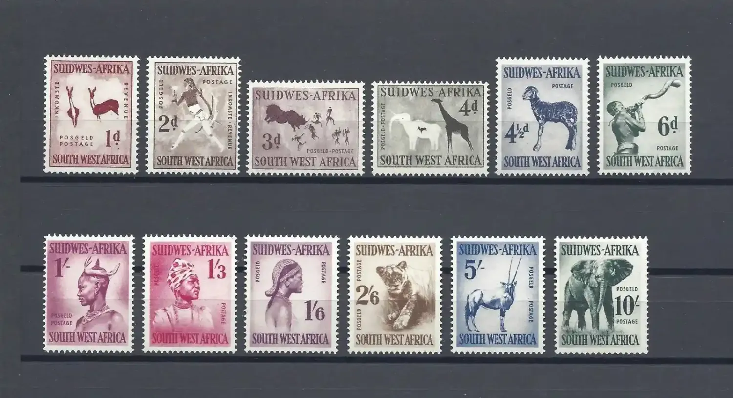 South West Africa 1954 Definitive full set. Rock Carvings, Natives and Animals. MNH