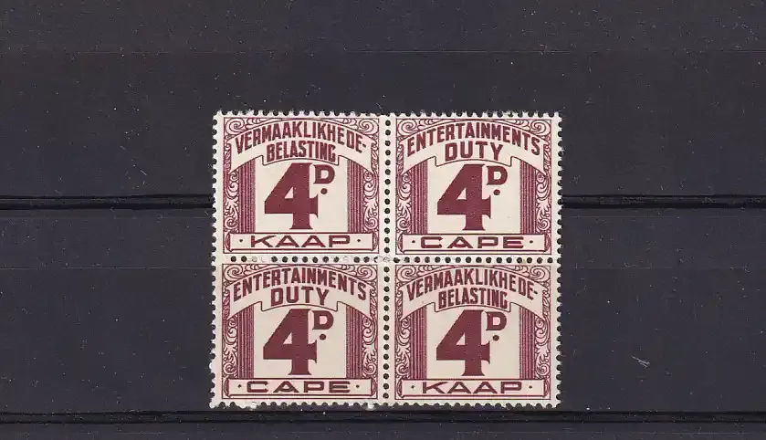 South Africa 1943-55 - Entertainment Duty. 4d purple-brown Block. MNH
