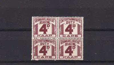 Union of South Africa 1943 Entertainment Duty. 4d purple-brown Block. MNH