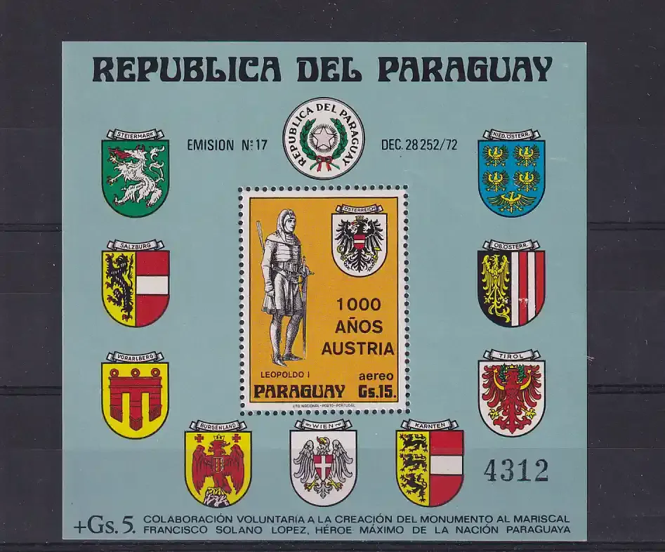 Paraguay 1976 Airmail - The 1000th Anniversary of Austria. MNH