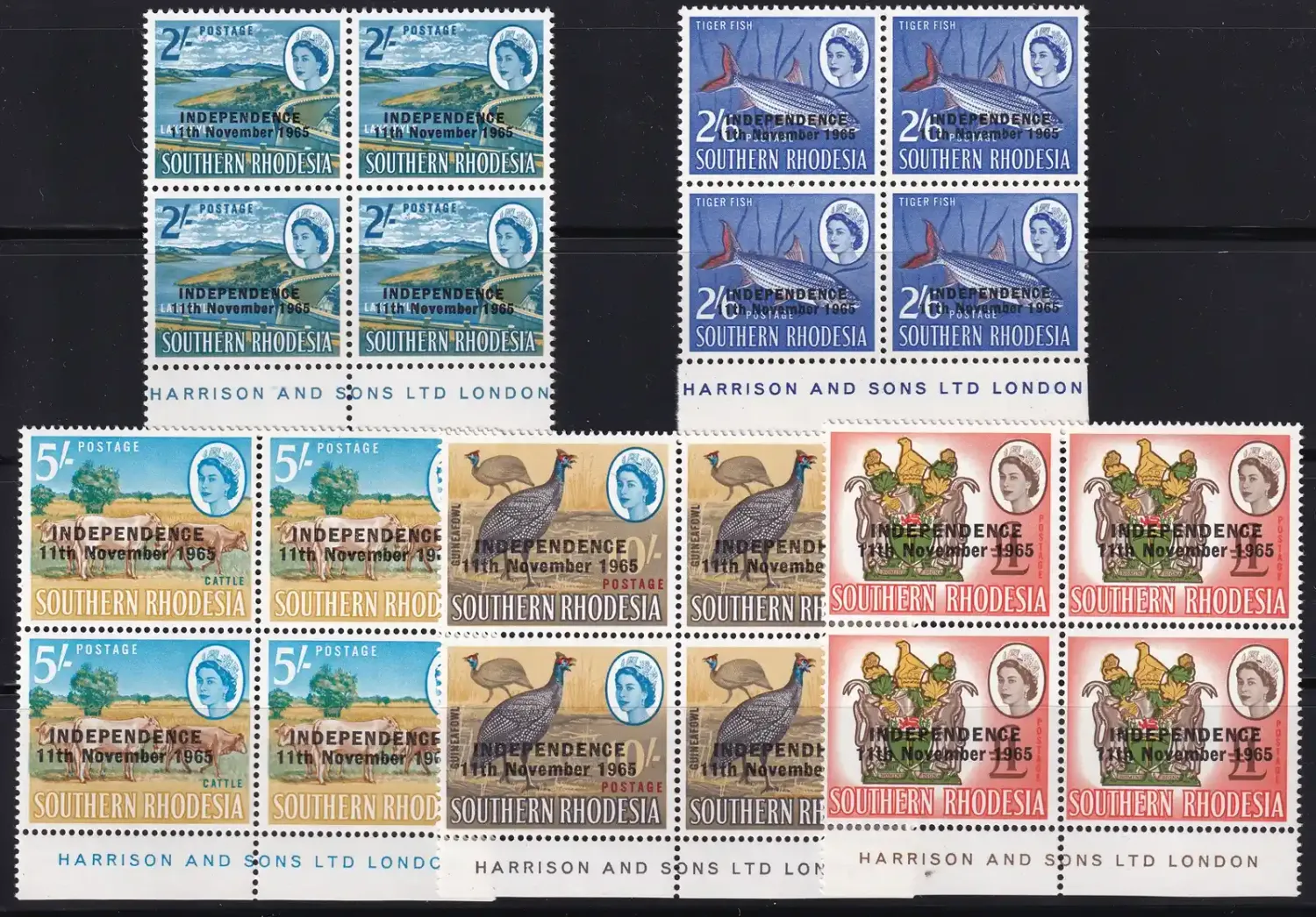 Rhodesia 1966 Issues of South Rhodesia Overprinted "INDEPENDENCE 11th November 1965".  Inscriptional blocks. MNH