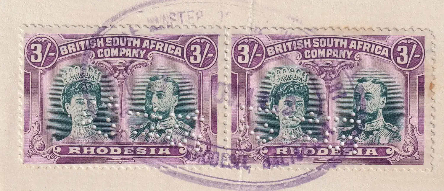 Rhodesia B.S.A, 1910 Double Heads. 3/- King George V &amp; Queen Marie. SG158a (Bright green &amp; Magenta)