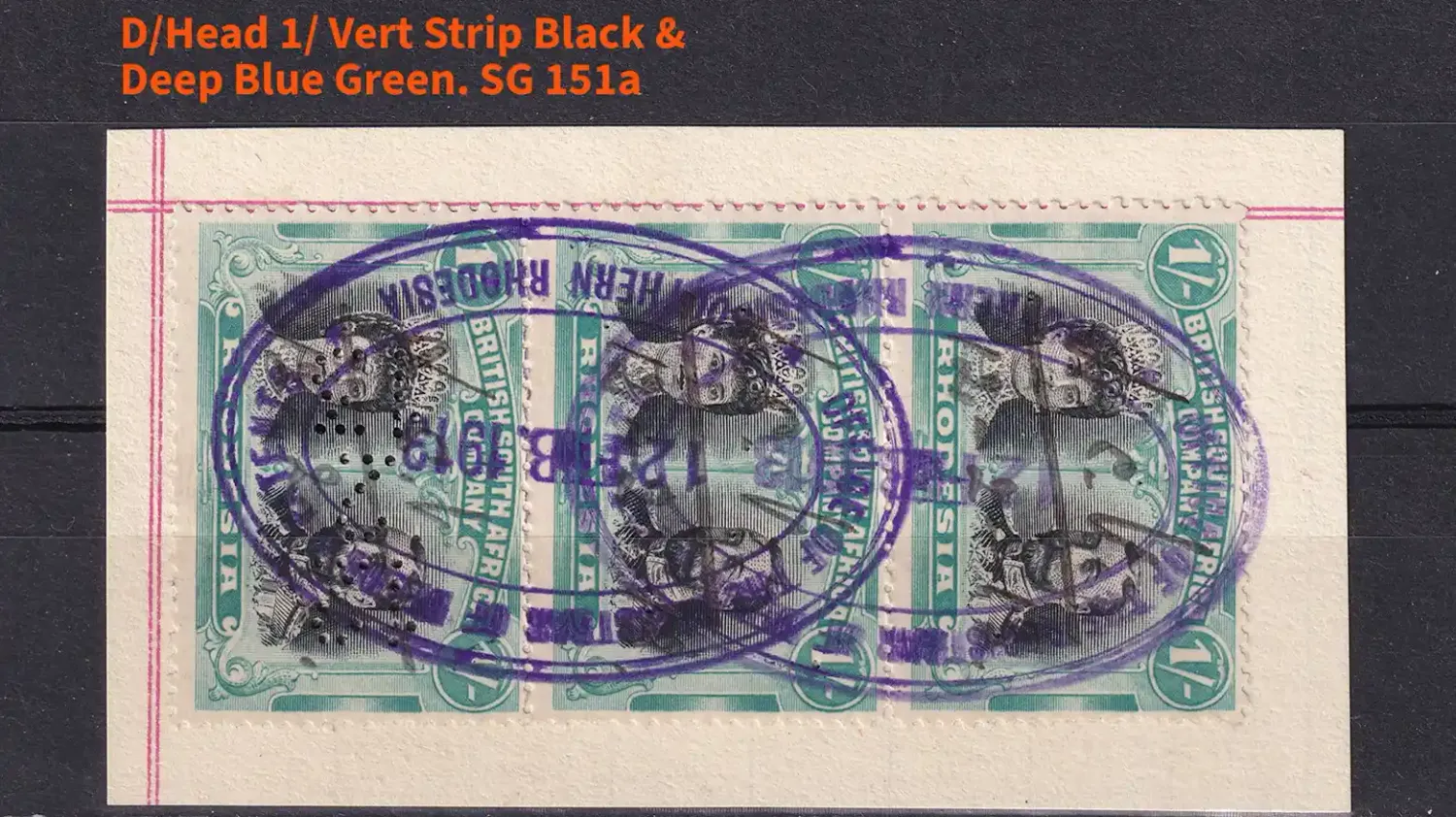 Rhodesia B.S.A, 1910 Double Heads. 1/- King George V &amp; Queen Marie. Strip of 3. SG151a