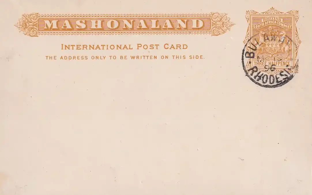 1896 Rhodesia B.S.A, 1896 "Three Halfpence"  ‘MASHONALAND’ Reply Paid Post Card, small Arms imprint. "Bulawayo" dated 1896