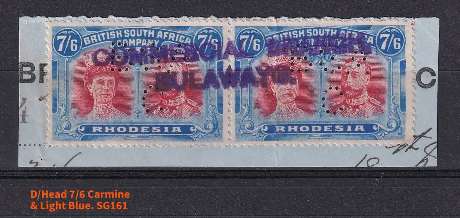 Rhodesia B.S.A, 1910 Double Heads. 7´6Sh´P. King George V &amp; Queen Marie. SG161 (Carmine &amp; Light Blue).