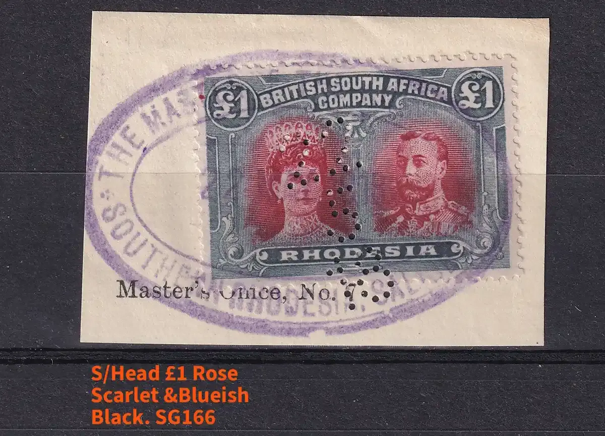 Rhodesia B.S.A, 1910 Double Heads. £1 King George V &amp; Queen Marie. SG158a (Rose Scarlet &amp; Blueish Black)