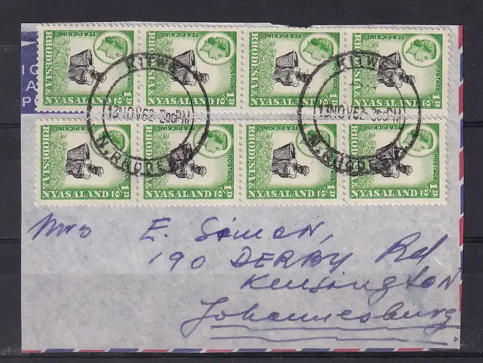 Rhodesia and Nyasaland 1959 -1962 Queen Elizabeth II, Local Motives. 1/2p Coil stamps (Perf: 12½ x 14). 2 x strips of 4 on piece.