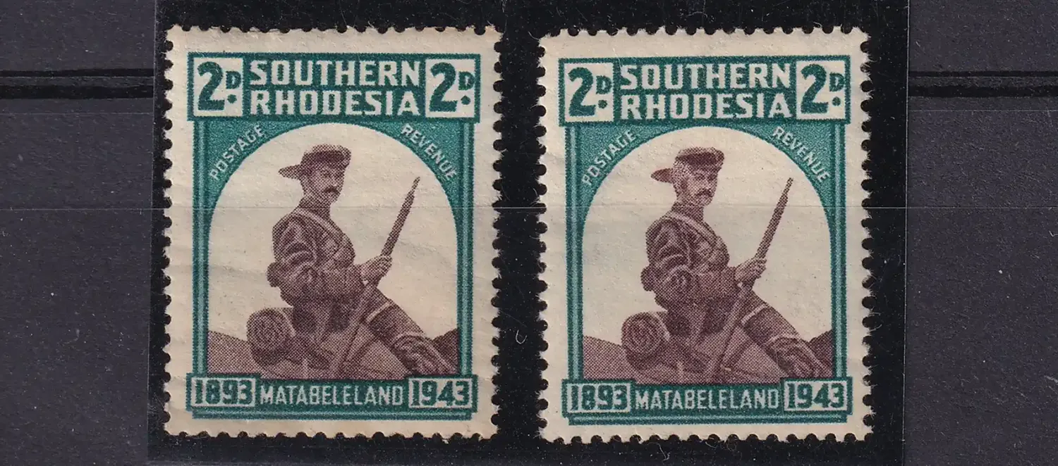 Southern Rhodesia 1943 The 50th Anniversary of the Occupation of Matabeleland. Variety Damaged ear (Right stamp).