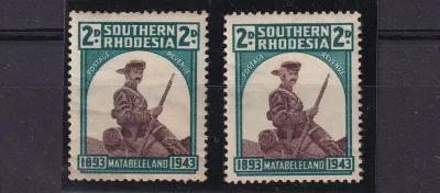 Southern Rhodesia 1943 The 50th Anniversary of the Occupation of Matabeleland. Variety Damaged ear (Right stamp).