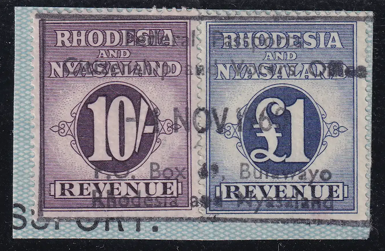 Rhodesia and Nyasaland 1956 Revenue 10/- &amp; £1.