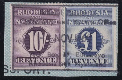 Rhodesia and Nyasaland 1956 Revenue 10/- &amp; £1.