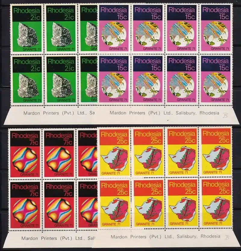 Rhodesia 1971 International Geological Congress. Imprint Blocks of 8. MNH