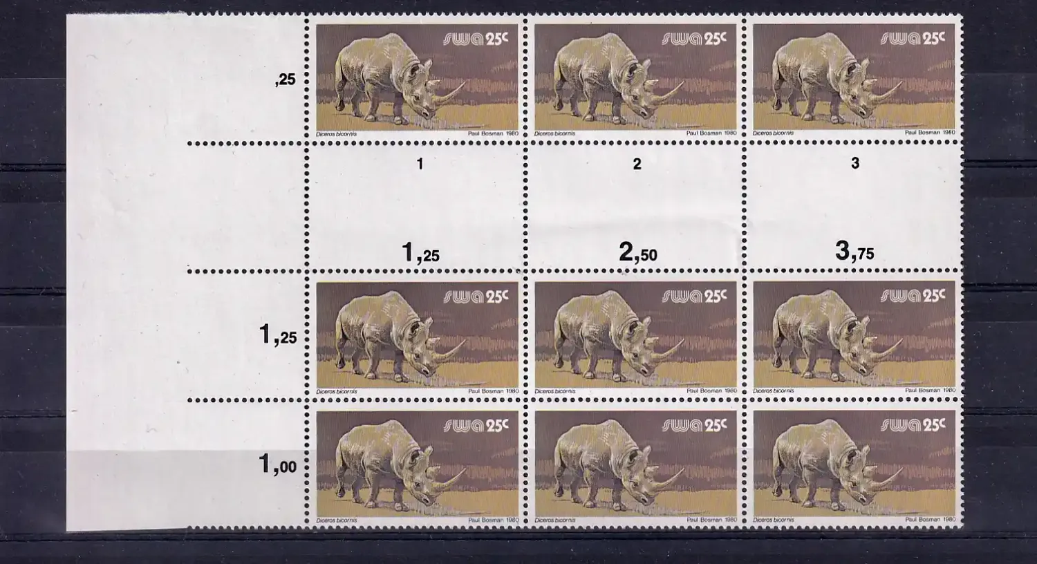South West Africa 1980 Wild Mammals Definitives. 25c Rhino. Proofs. Cutter blocks. Ex SWA archives. Very fine mint, not hinged.