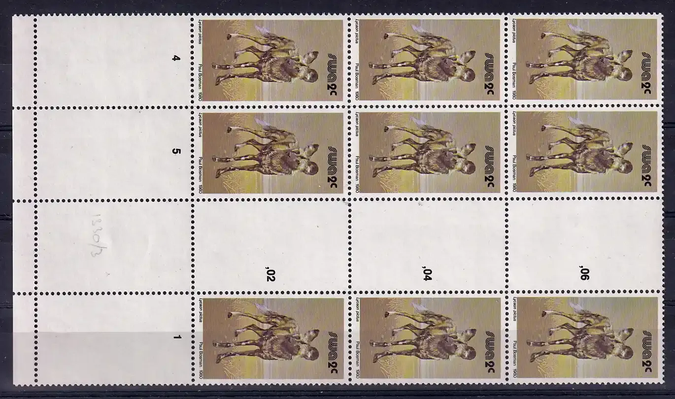 South West Africa 1980 Wild Mammals Definitives. 2c Wild dog. Proofs. Cutter blocks. Ex SWA archives. Very fine mint, not hinged.