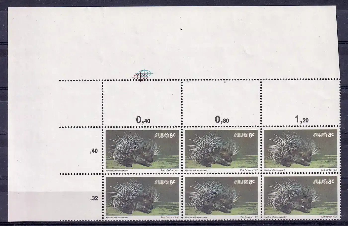 South West Africa 1980 Wild Mammals Definitives. 8c Porky Pine Proofs. Cutter blocks. Ex SWA archives. Very fine mint, not hinged.