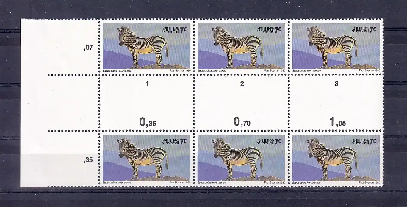 South West Africa 1980 Wild Mammals Definitives. 7c Zebra Proofs. Cutter blocks. Ex SWA archives. Very fine mint, not hinged.
