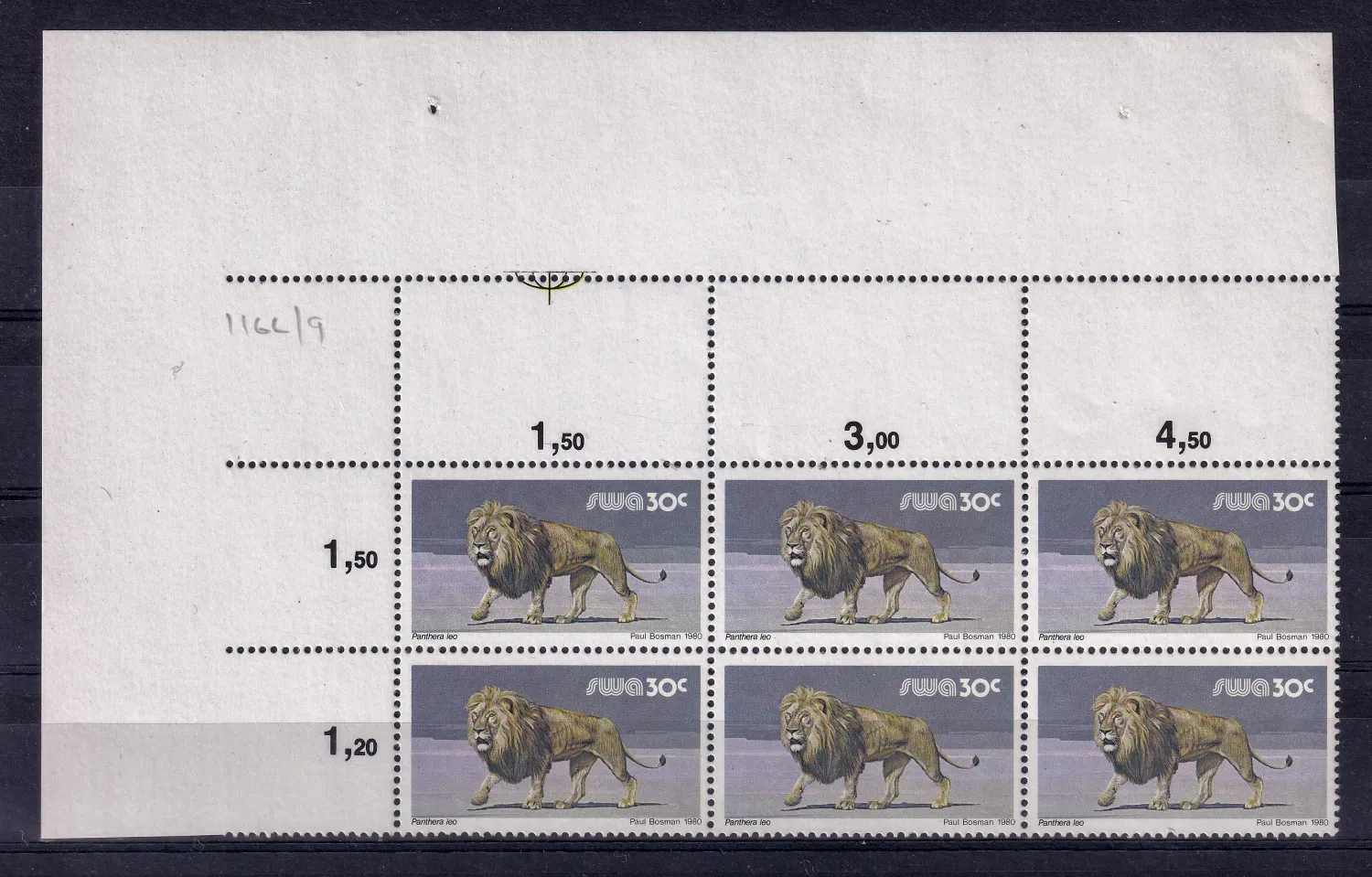 South West Africa 1980 Wild Mammals Definitives. 30c Lion. Proofs. Cutter blocks. Ex SWA archives. Very fine mint, not hinged.