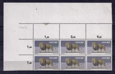 South West Africa 1980 Wild Mammals Definitives. 30c Lion. Proofs. Cutter blocks. Ex SWA archives. Very fine mint, not hinged. South West Africa 1980 Wild Mammals Definitives. 30c Lion. Proofs. Cutter blocks. Ex SWA archives. Very fine mint, not hinged.
