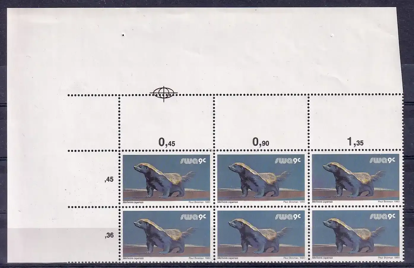 South West Africa 1980 Wild Mammals Definitives. 9c Badger. Proofs. Cutter blocks. Ex SWA archives. Very fine mint, not hinged.