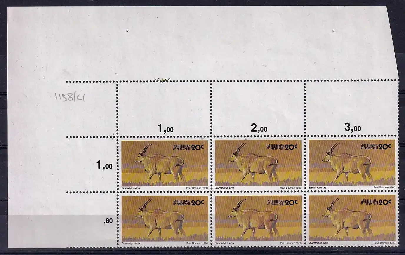 South West Africa 1980 Wild Mammals Definitives. 20c Eland. Proofs. Cutter blocks. Ex SWA archives. Very fine mint, not hinged.