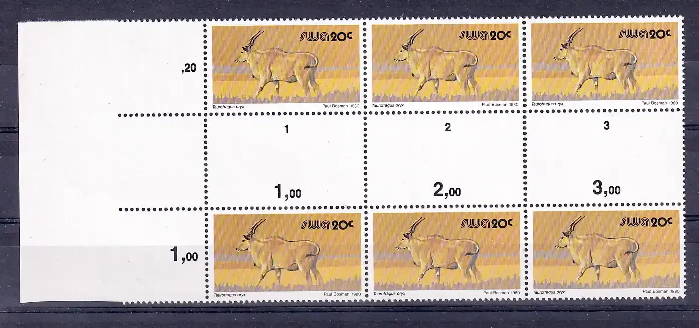 South West Africa 1980 Wild Mammals Definitives. 20c Eland Proofs. Cutter blocks. Ex SWA archives. Very fine mint, not hinged.