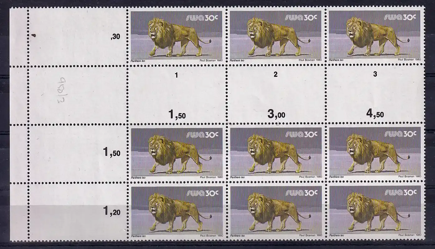 South West Africa 1980 Wild Mammals Definitives. 30c Lion Proofs. Cutter blocks. Ex SWA archives. Very fine mint, not hinged.