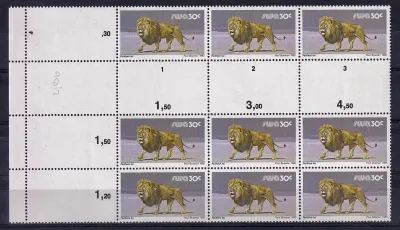 South West Africa 1980 Wild Mammals Definitives. 30c Lion Proofs. Cutter blocks. Ex SWA archives. Very fine mint, not hinged. South West Africa 1980 Wild Mammals Definitives. 30c Lion Proofs. Cutter blocks. Ex SWA archives. Very fine mint, not hinged.