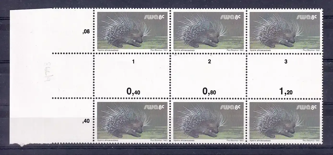 South West Africa 1980 Wild Mammals Definitives. 8c Porky Pine Proofs. Cutter blocks. Ex SWA archives. Very fine mint, not hinged.