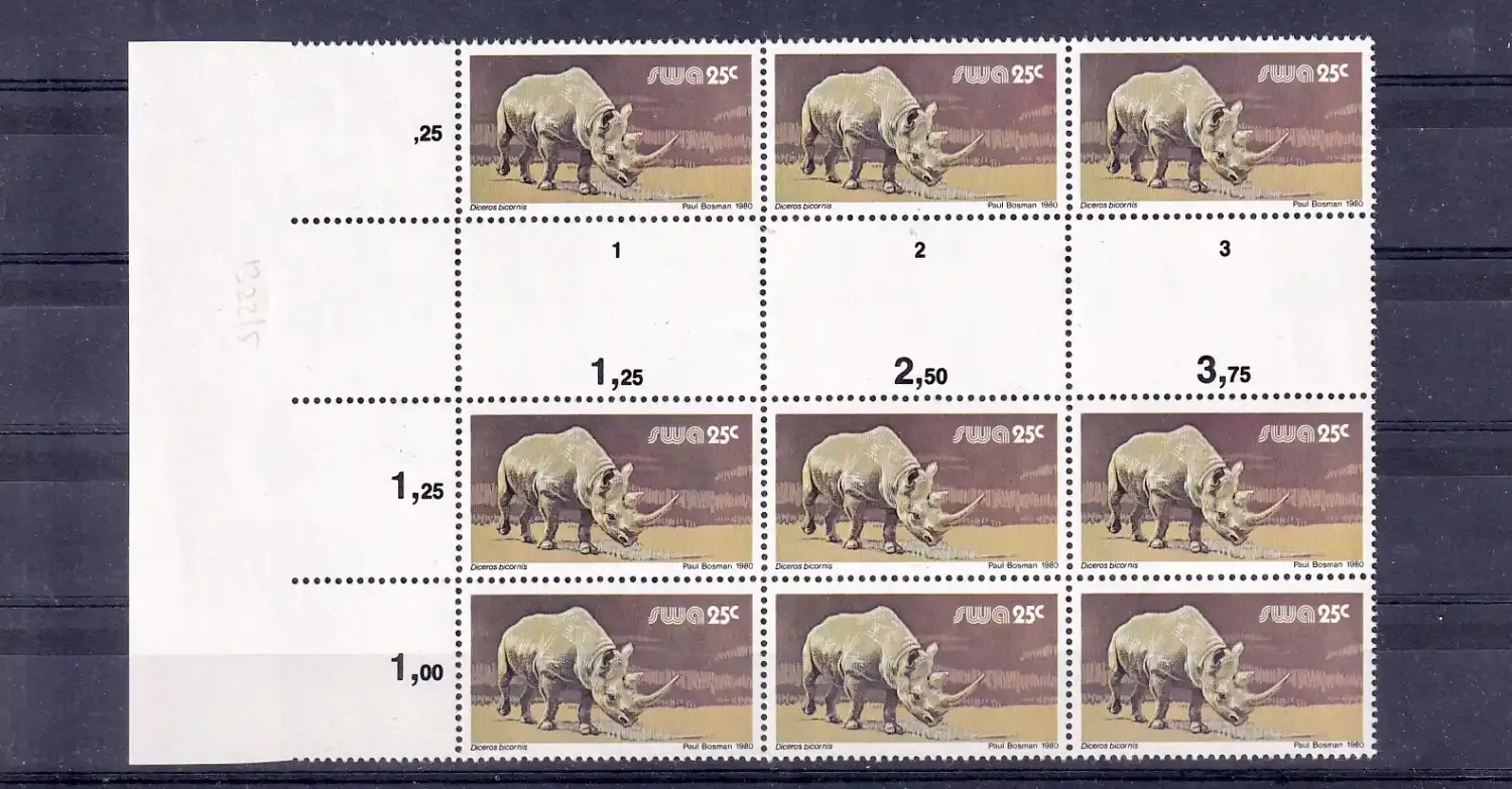 South West Africa 1980 Wild Mammals Definitives. 25c Rhino Proofs. Cutter blocks. Ex SWA archives. Very fine mint, not hinged.