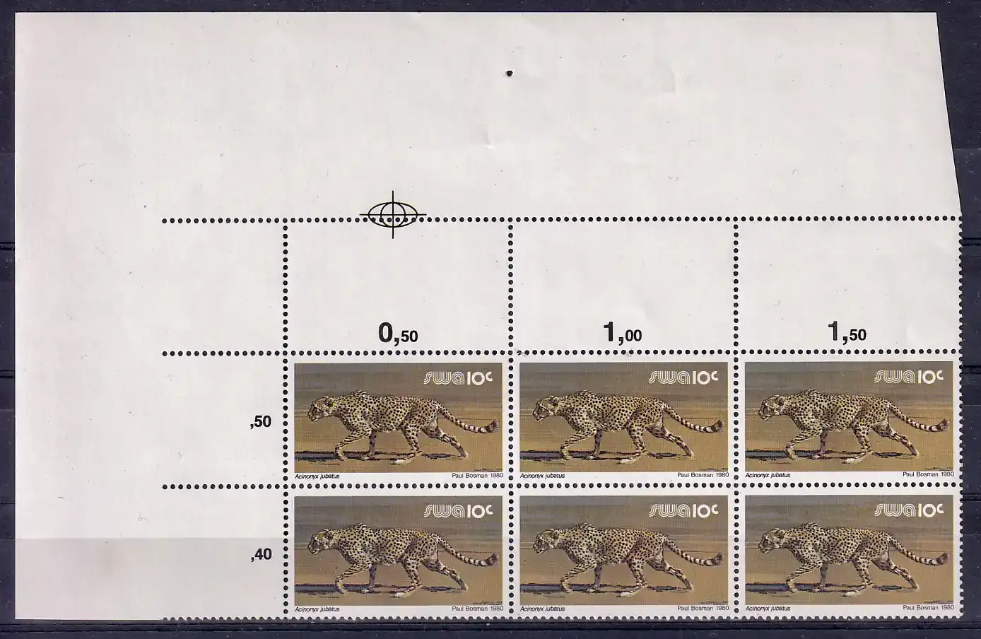 South West Africa 1980 Wild Mammals Definitives. 10c Leopard. Proofs. Cutter blocks. Ex SWA archives. Very fine mint, not hinged.