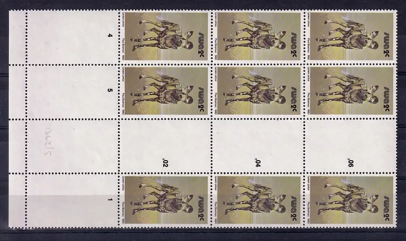 South West Africa 1980 Wild Mammals Definitives. 2c Wild dog. Proofs. Cutter blocks. Ex SWA archives. Very fine mint, not hinged.