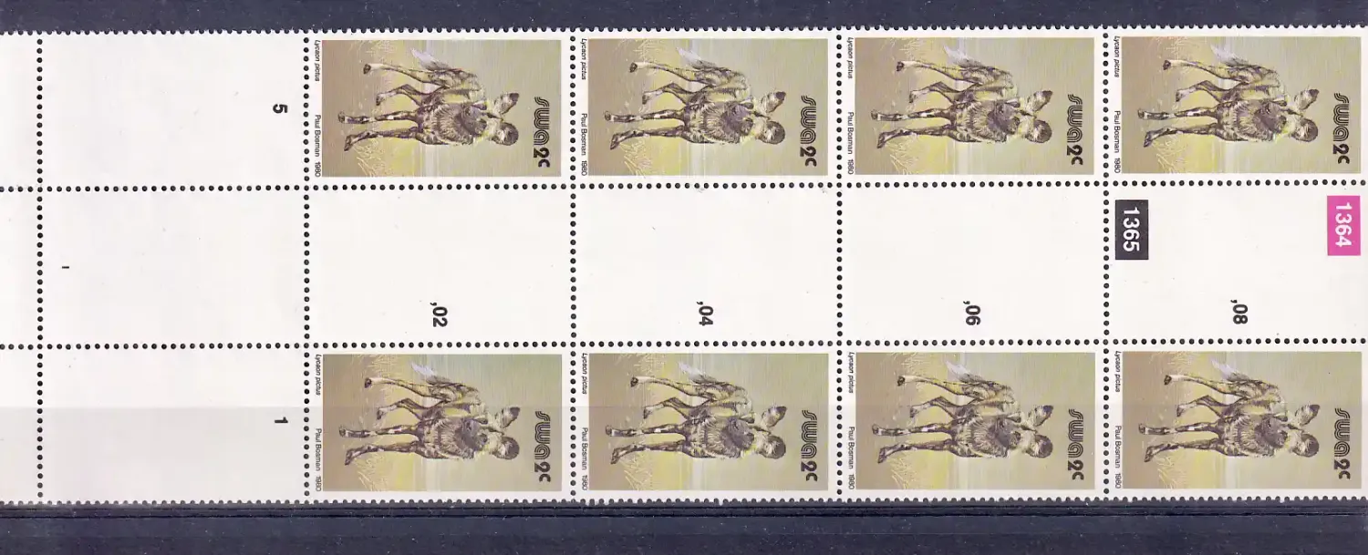 South West Africa 1980 Wild Mammals Definitives. 2c Wild dog. Proofs. Cutter blocks. Ex SWA archives. Very fine mint, not hinged.