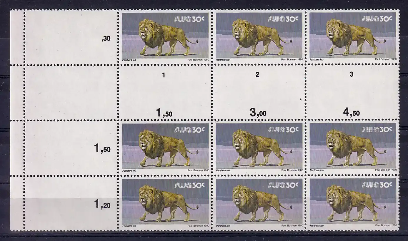 South West Africa 1980 Wild Mammals Definitives. 30c Lion Proofs. Cutter blocks. Ex SWA archives. Very fine mint, not hinged.