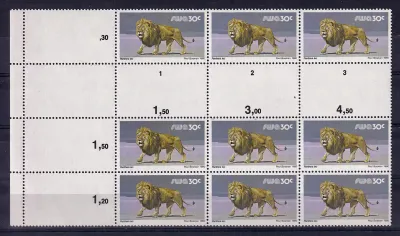 South West Africa 1980 Wild Mammals Definitives. 30c Lion Proofs. Cutter blocks. Ex SWA archives. Very fine mint, not hinged. South West Africa 1980 Wild Mammals Definitives. 30c Lion Proofs. Cutter blocks. Ex SWA archives. Very fine mint, not hinged.