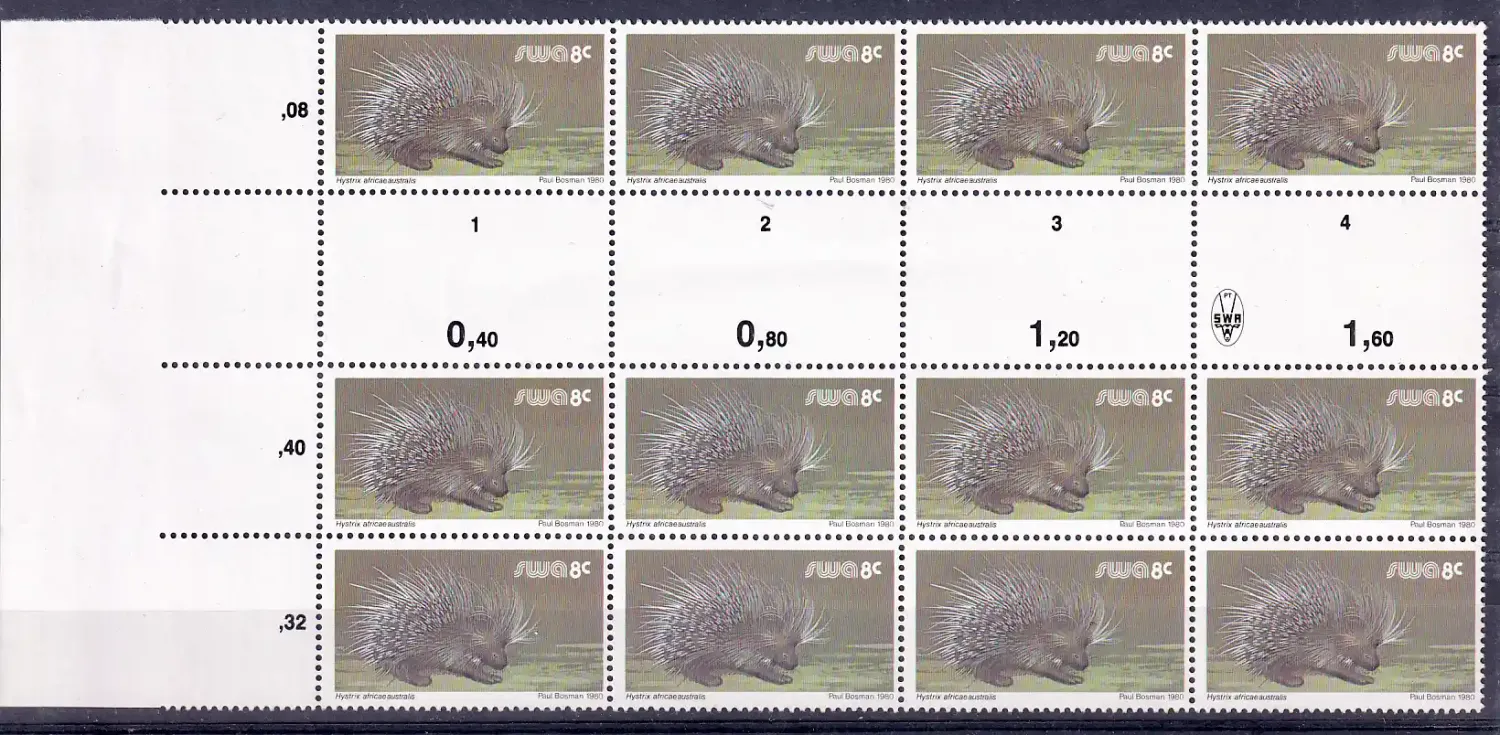 South West Africa 1980 Wild Mammals Definitives. 8c Porky Pine Proofs. Cutter blocks. Ex SWA archives. Very fine mint, not hinged.